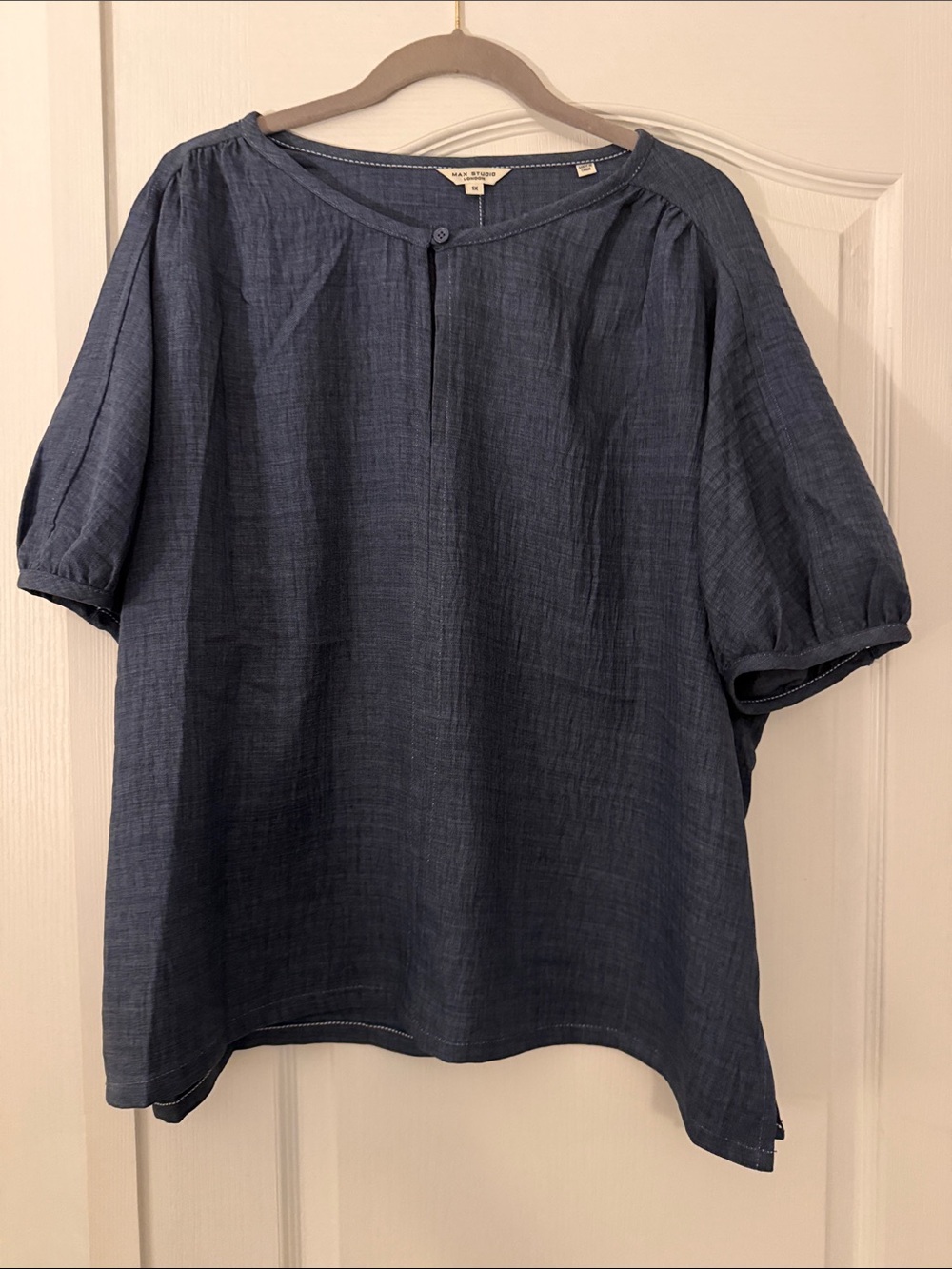 Max Studio Navy Button-Neck puff short sleeve Blouse Size 1X NWOT